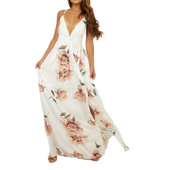 Morning mist.White Floral Side Slit Cross maxi dress. Size 8/10 - Picture 2 of 7